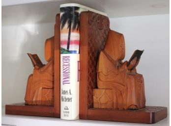 Pair Of Vintage Carved Wood Monk Bookends