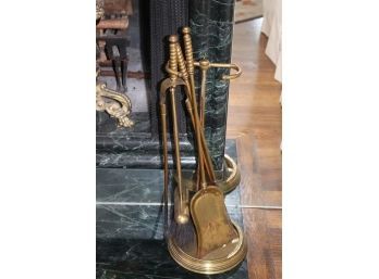 Vintage Brass Fireplace Tool Set With Stand Nice Swirl Design On The Handle