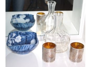 Glass Carafe With Decorative Candle Holders & Beautiful Blue/White Asian Art Glass Bowl With Markings