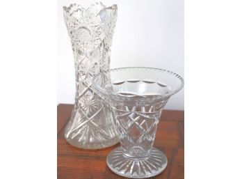 Vintage  Cut Crystal Vase The Top Has Chipping Along The Rim, Includes A Smaller Vase