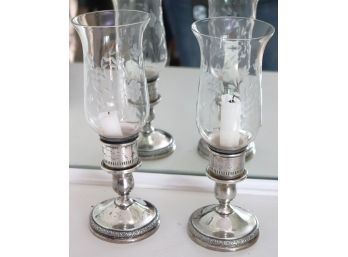 Vintage Prelude International Sterling Weighted  Candlesticks With Etched Hurricane Style Glass