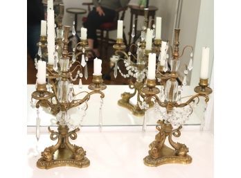 Pair Of Fabulous Antique Brass Garniture Candle Holders With Hanging Crystals & Serpent Head Detailing