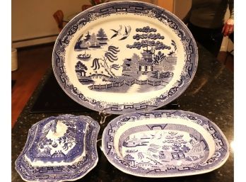 Blue Willow Serving Pieces Includes A Large Platter, Casserole Dish & Vegetable Dish