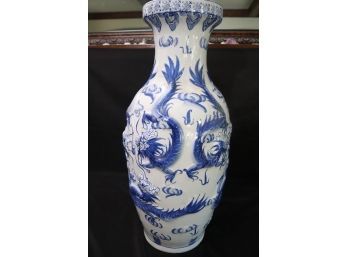 Fabulous Blue & White Embossed Dragon Floor Vase, Really A Beautiful Piece Stands 2 Feet Tall