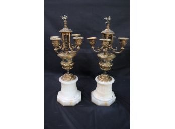 Fabulous Antique Pair Of Brass & Marble Candelabras With Perched Bird Accent On The Top