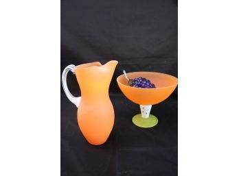 Beautiful Set Of Orange Kosta Boda Includes A Pitcher &  Pedestal Fruit Bowl, Includes Glass Grape Cluster