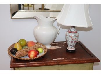 Vintage Cornell Pitcher, Pretty Table Lamp & Decorative Fruit Basket With Faux Food