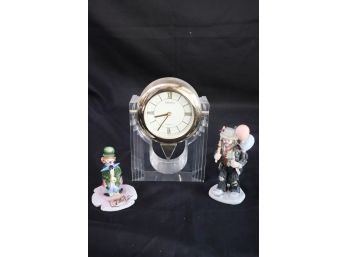 Vintage Seiko Battery Operated Clock With Lucite Stand  & Clown Figurines