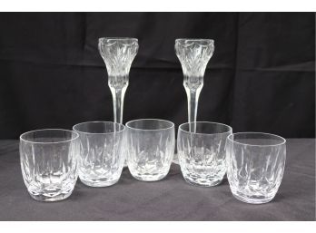 7 Pc Waterford Kildare: 5 Rock Glasses And Pair Of Candlesticks