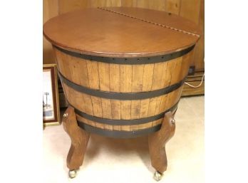 Vintage Handmade Barrel Cut 70s Style Bar Table On Casters