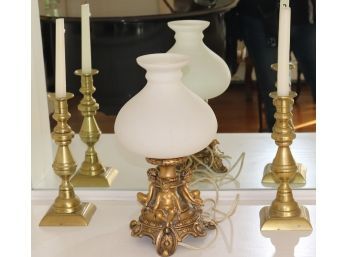 Pair Of Brass Candlesticks & Vintage Leviton Table Lamp With Cherub Detail