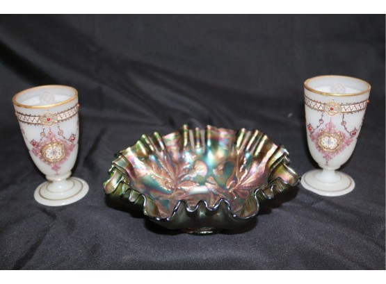 Iridescent Carnival Glass Bowl & Pair Antique Hand Painted Bristol Glass Goblets