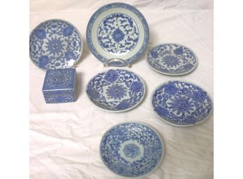 Lot Of 6 Vintage Asian Blue & White Porcelain Plates & Box Plates