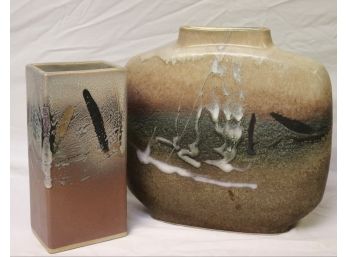 Two Vintage Studio Art Pottery Vases With Abstract Texture Signed By Artist