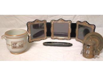 Vintage Sterling Silver 3 Part Folding Picture Frames, Paper Mache Eyeglass Case & Ginori Planter
