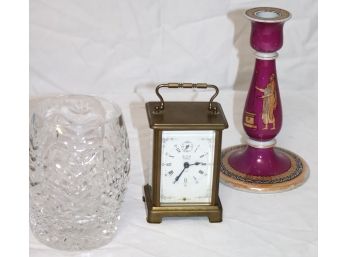 Waterford Crystal Vase, Carriage Clock & English Porcelain Candlestick