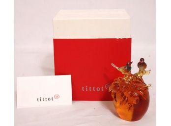 Tittot Taiwan Crystal Amber Color Birds & Berries In Original Box With COA