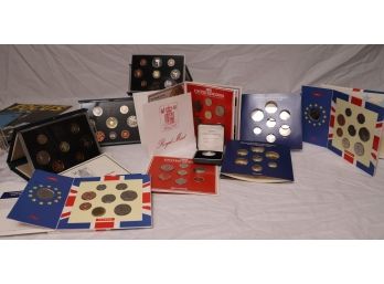 Lot Of United Kingdom Coin Sets With Commemorative Coins & 1995 WW II Silver Proof Two Pound Coin