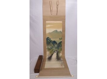 Enchanting Chinese Scroll Painting Of Mountains & Waterfall Signed By Artist In Original Box