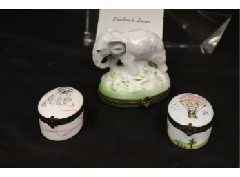 Porcelain Limoges Trinket Boxes With Elephant, Cat & Hot Air Balloon