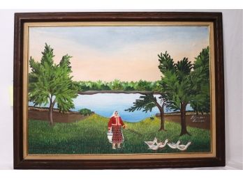Primitive Painting Of Eastern European Woman With Geese By Marioara Motorojescu