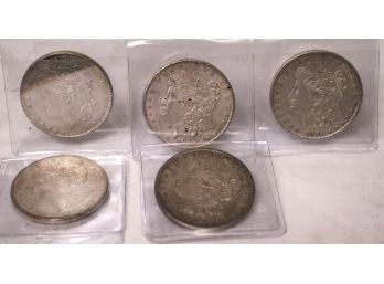 Lot Of 5 Antique Morgan Silver Dollars, From 1884, 1898, 1882, 1896, 1921