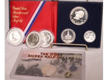 7 Silver Coins: 3 Silver Proof Kennedy Half Dollars 1964 & D Day Walking Liberty Silver 1944 And Bicentennial