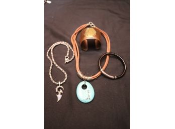 Jewelry Lot With Silver Tone Necklace & Pendant By Bico, Leather Necklace With Turquoise & 2 Bracelets