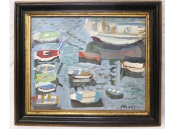 Vintage Painting Of Boats Signed By Artist In Original Frame