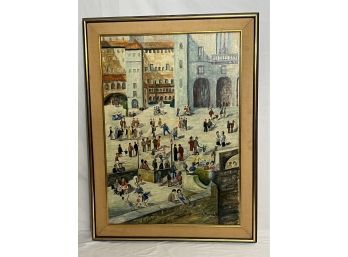 1960s Era Signed Painting Of Italian Medieval Town & Interesting People By S. Olivero