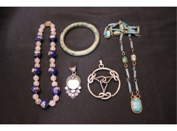 Jewelry With Pink Quartz Necklace, Green Stone Bracelet, J C Ferrara Sterling Pendant