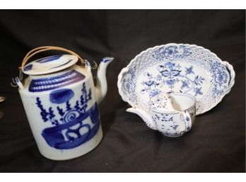 Antique Chinese Blue & White Teapot, Danish Infant Feeder & Meissen Reticulated Bowl