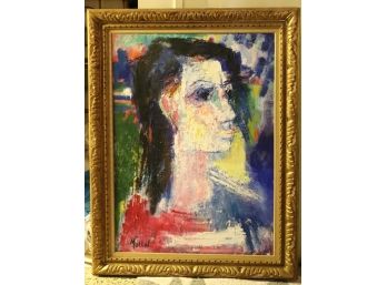 Abstract MCM Painting Of Womans Profile By Yvonne Mottet In Beautiful Gold Frame