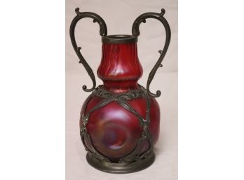 Loetz Art Nouveau Vase With Pleated Design & Pewter Overlay