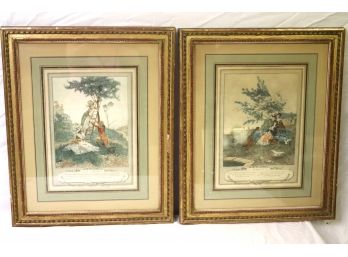 Pair Antique Hand Colored Prints With Prose In French With Gold Frames