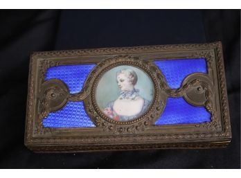 Antique Jewelry Box With Hand Painted Portrait, Blue Enamel & Decorative Brass