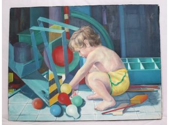 Vintage Painting Signed Rudovan Trnavac, Micha,1981 Little Boy Playing