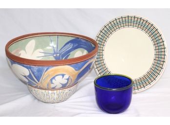 Large Hand Painted Pottery Bowl, Blue Glass Vase & MCM Holland Plate