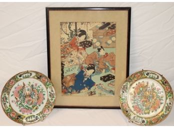 Antique Signed Japanese Woodblock Print & Pair Antique Rose Medallion Plates