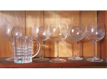 Tiffany Crystal Etched Mug & 5 Tiffany Wine Glasses