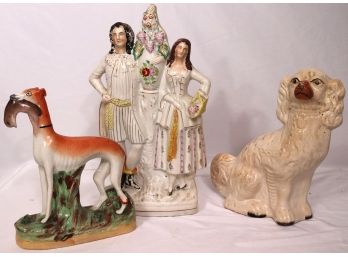Lot Of 3 Antique English Staffordshire Figures With Married Couple, Pekingese & Hunting Dog