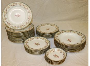 Partial Set Of Antique Limoges France Pink Rose Dishes With Green Border