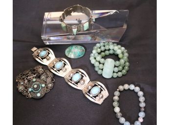Lot Includes 3 Vintage Mexican & Ethnic Bracelets With Turquoise, Sterling & Turquoise Pin & More
