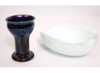 Murano Barbini Glass Bowl With Bubble Design & Signed Art Glass Vase