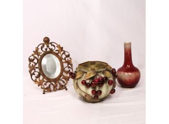 Antique Amphora Vase With Cherries, Victorian Table Mirror & Ceramic Vase
