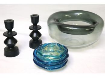 MCM Art Glass Bowl, Vase & Danish Wood Candlesticks