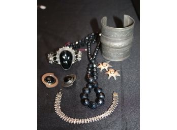 Jewelry Lot With Ethnic Cuff Bracelet, SS Earrings, Bracelet With Onyx Face, Faceted Black Necklace