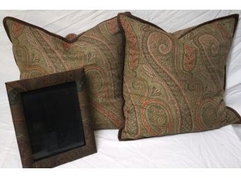 Pair Ralph Lauren Paisley Pillows With Suede Trim & Large Ralph Lauren Paisley Frame