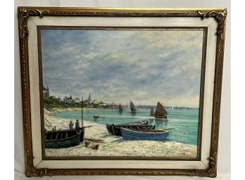 Vintage Painting Of Boats & Shoreline Landscape In Gold Frame Signed By Artist