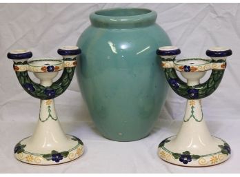 Royal Copenhagen Denmark Aluminia Art Pottery Candlesticks & MCM Turquoise Ceramic Vase